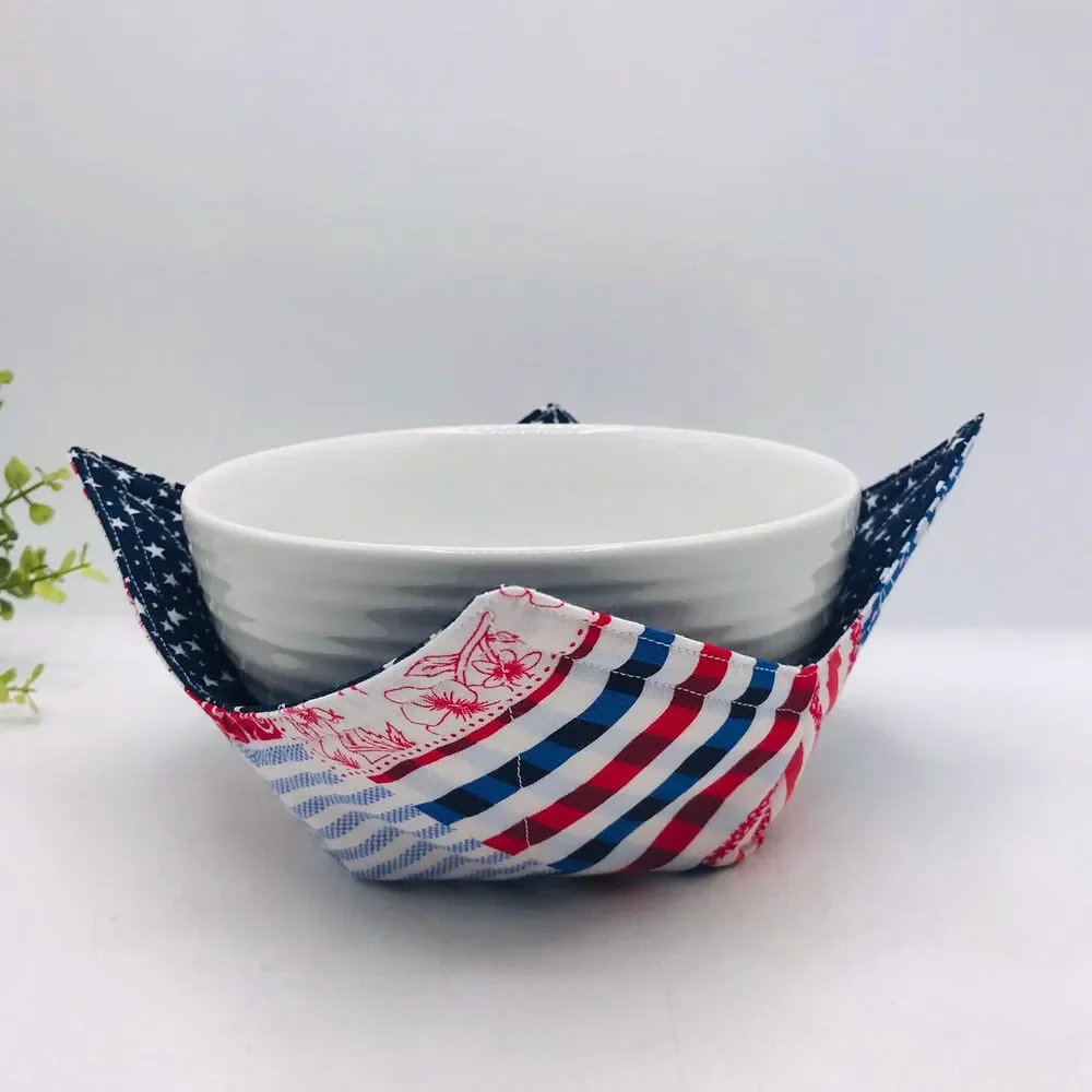 Microwave Soup Bowl Cozy: Reversible, Patriotic Patchwork Red White Blue